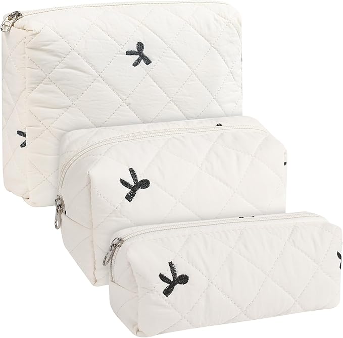 Quilted Makeup Bag Set,3 Pcs Puffy Cosmetic Bags Aesthetic Make Up Bags,Small Zipper Pouch,Travel Toiletry Bag Purse Organizer Pouches for Women (White-Bow)