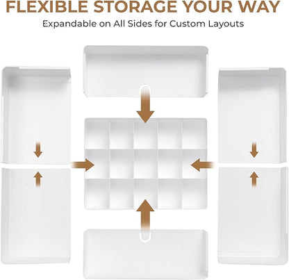 Adjustable Drawer Organizer – 19-Grid Divider for Socks, Bras & Panties, Closet Storage Box for Underwear & Dresser Drawers (15+4)