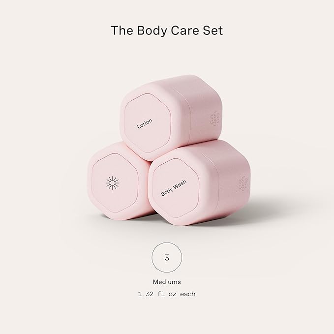 Cadence Travel Containers - Body Care Capsule Set - Magnetic Containers with Lids,Carry On Travel Essentials for Women/Men - 3 Flex Mediums (1.32oz) - Body Wash, Lotion & Sun Icon Labels - Petal