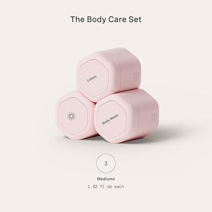 Cadence Travel Containers - Body Care Capsule Set - Magnetic Containers with Lids,Carry On Travel Essentials for Women/Men - 3 Flex Mediums (1.32oz) - Body Wash, Lotion & Sun Icon Labels - Petal