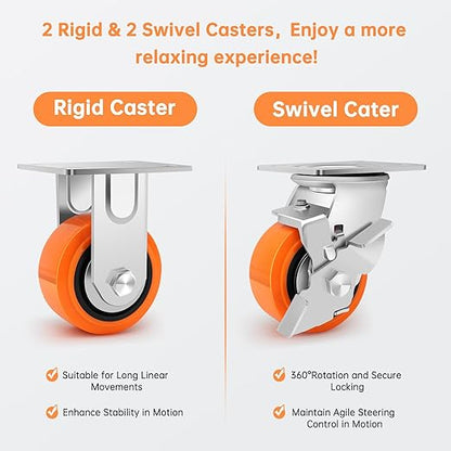4"x2" Heavy Duty Casters - Industrial Casters Set of 4, Polyurethane Wheel Capacity up to 2500 lbs, Swivel Caster Use for Workbenches, Platform Truck, Dollies Cart(2 Brake & 2 Rigid)