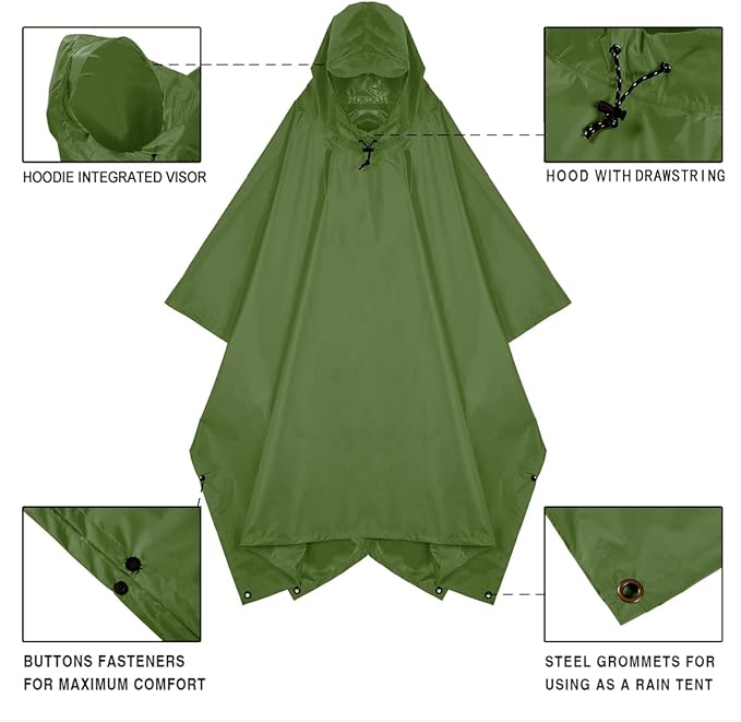 Hooded Rain Poncho for Adult, Waterproof Lightweight Raincoat for Hiking Camping