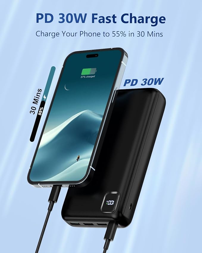 Portable Charger 50000 mAh Power Bank PD 30W and QC 4.0 PowerBank Fast Charging External Battery Pack with USB-C LED 3 Outputs & 2 Inputs Portable Charging for iPhone 15 14 13 pro, Samsung
