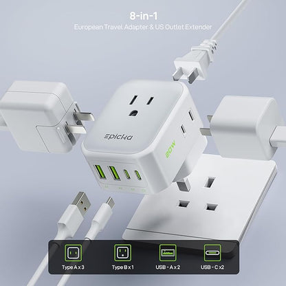 EPICKA Hybrid Travel Plug Adapter, 2 Packs Foldable & Detachable Type G (UK) VisaPlug, 8-in-1 International Power Adapter with 4 USB Ports (2 USB-C PD 20W), Travel Essentials for US to England
