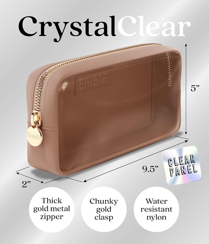Embla London Makeup Bag Cosmetic Case, Clear Zipper Make Up Pouch and Toiletry Travel Tote, Cute Skincare Pouches for Women Girls, Preppy Purse Cosmetic Organizer, Small Makeup Bags, Mocha Mousse