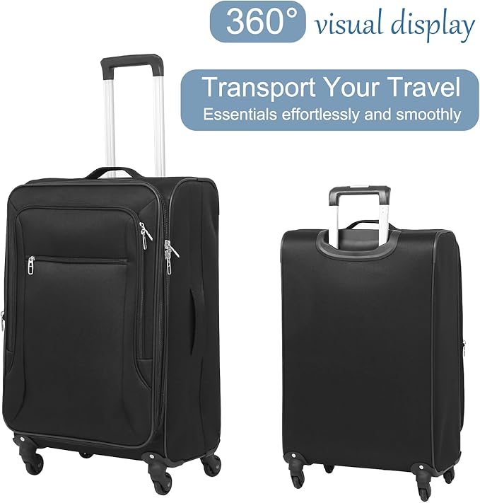 3pcs Set Softside Luggage Sets With Spinner Wheels, Expandable Softshell Suitcase Set with front pocket, 28inch, 24inch,20inch Lightweight fabric luggage(BLACK)