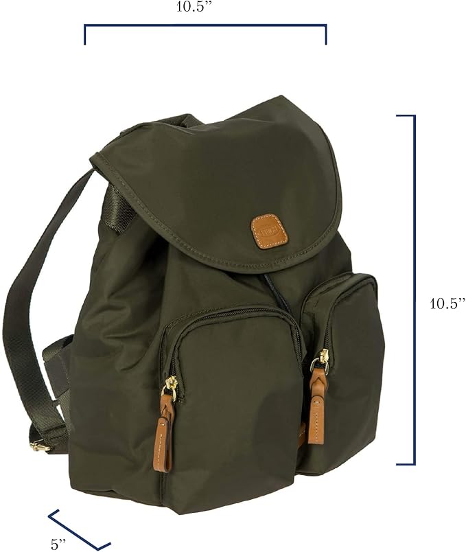 Bric's X-Travel Piccolo City Backpack 10", Water-Resistant Satin Nylon Daypack with Leather Details, Drawstring Closure, Adjustable Straps and Multi-Pocket Organization - Olive