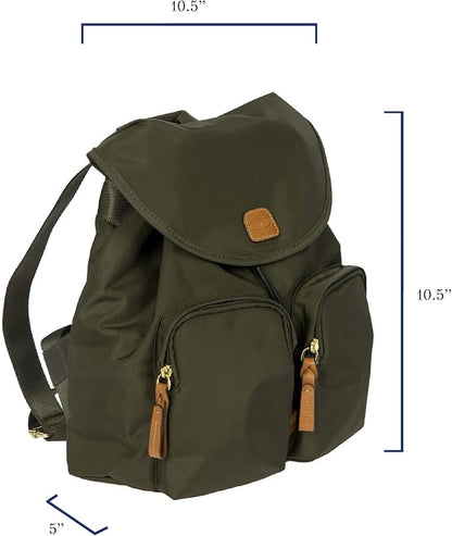 Bric's X-Travel Piccolo City Backpack 10", Water-Resistant Satin Nylon Daypack with Leather Details, Drawstring Closure, Adjustable Straps and Multi-Pocket Organization - Olive
