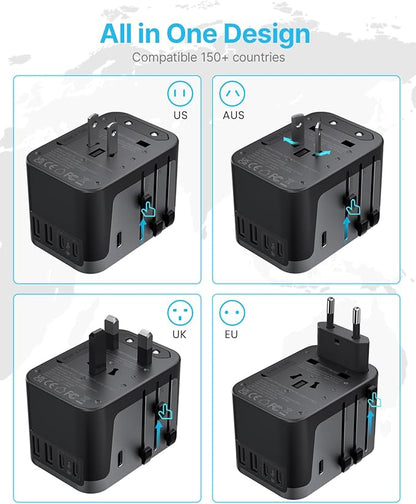 Universal Travel Adapter, VINTAR International Power Adapter with 6A 3 USB C and 2 USB Ports, All in One Travel Essentials Plug Adapter, Worldwide Outlet Converter for Europe UK USA AUS(Type C/G/A/I)