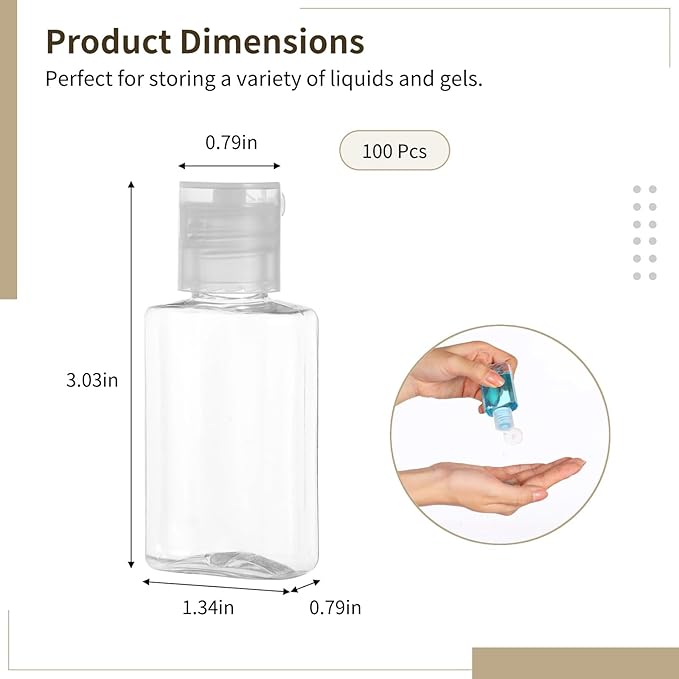 Lnrueg 100 Pcs 1 oz Travel Bottles - Hand Sanitizer Bottle Mini Clear Bottles with Flip Caps, Portable Empty Refillable Containers for Shower Gel, Face Creams, Body Lotions,Clear