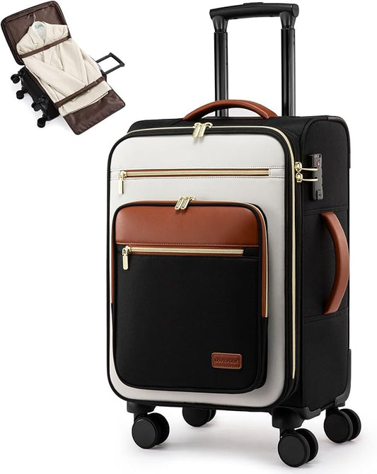 LOVEVOOK Carry on Suitcase 22x14x9 Airline Approved,20 inch Lightweight Waterproof Suitcases with 360° silent swivel wheels, TSA Lock and Compartment, Large Capacity travel Suitcase Black-White-brown