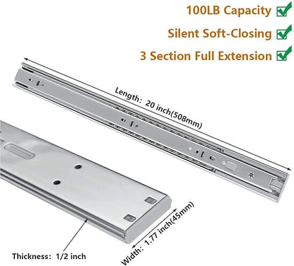 LONTAN 5 Pairs 20 Inch Soft Close Drawer Slides Side Mount Heavy Duty Cabinet Drawer Glides Ball Bearing Full Extension Kitchen Cabinet Rails 100 LB Capacity