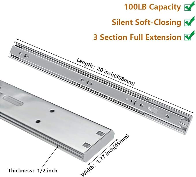 LONTAN 2 Pairs Soft Close Drawer Slides 20 Inch 3 FOLD Full Extension Dresser Drawer Glides Side Mount Heavy Duty Cabinet Rails 100 LB Load Capacity
