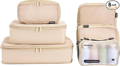Compression Packing Cubes for Travel, 6-Piece Set (L/M/S), Double-Zip Luggage Organizers with Mesh Panels, Space-Saving Clothes Storage Bags for Suitcase & Carry-On (6 Pack, Mist Khaki)