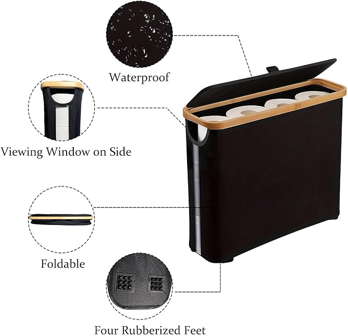 Toilet Paper Roll Storage, Bathroom Slim Toilet Paper Storage with Lid for 12 Rolls, Ultimate Bathroom Organizer with Anti-Slip Base, Black 30L