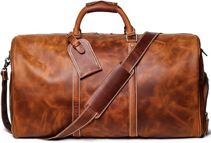 24 Inch Leather Travel Weekend Luggage Bag, Mens Duffle Retro Carry on Handbag (Brown)