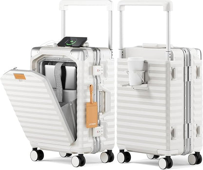 Joyway 20 Inch Carry on Luggage with Aluminium Frame and Front Pocket, PC Hardshell Suitcase with USB Port and Cup Holder, 21.5x14.2x9 Airline Approved, Luggage with Spinner Wheels and TSA Lock(White)