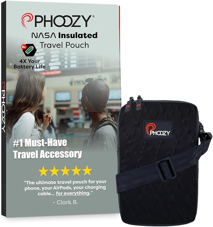PHOOZY Orion Insulated Tech Bag For Travel - NASA Insulation Protects Your Phone, AirPods and Other Devices. Weatherproof X-Tech Shell with RFID Blocking Pocket for Complete Protection (Black)