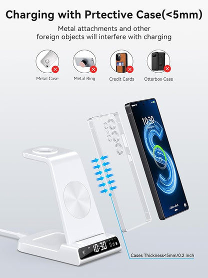 Wireless Charger for Samsung Charging Station with Clock for Samsung Galaxy S25 Ultra/S24 Ultra/Z Flip 6/5/Fold 5/Bud 2, 3 in 1 Charging Station Watch Charger for Samsung Galaxy Watch 7/6/5Pro(White)