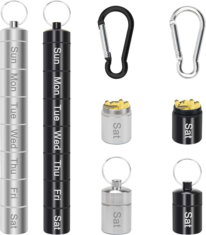 Small Portable Pill Case Keychain for Travel, AngleKai 2 Pack Pill Organizer Box, Waterproof Tablet Container Weekly Medicine Bottle Organizer (Black and Silver)