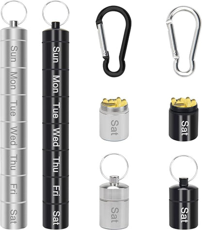 Small Portable Pill Case Keychain for Travel, AngleKai 2 Pack Pill Organizer Box, Waterproof Tablet Container Weekly Medicine Bottle Organizer (Black and Silver)