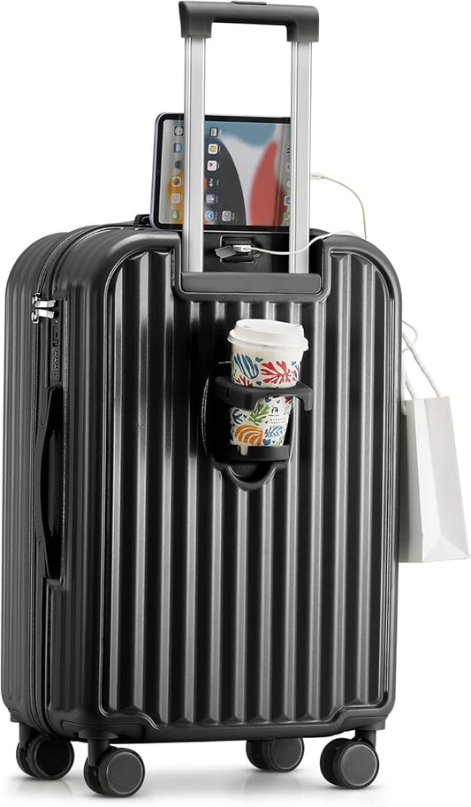 Hard Shell Carry On Luggage With Cup Holder & Charger, 20IN Carry On Luggage With Spinner Wheels, 360° Rotatable, Airline Approved TSA-locked