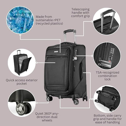 Ricardo Beverly Hills Avalon Softside 2-Piece Luggage Set Made with Sustainable 100% Recycled PET (rPET), Lightweight, Eco-Friendly Travel, Expandable, Dual Spinner Wheels, Black, (20" & 24")