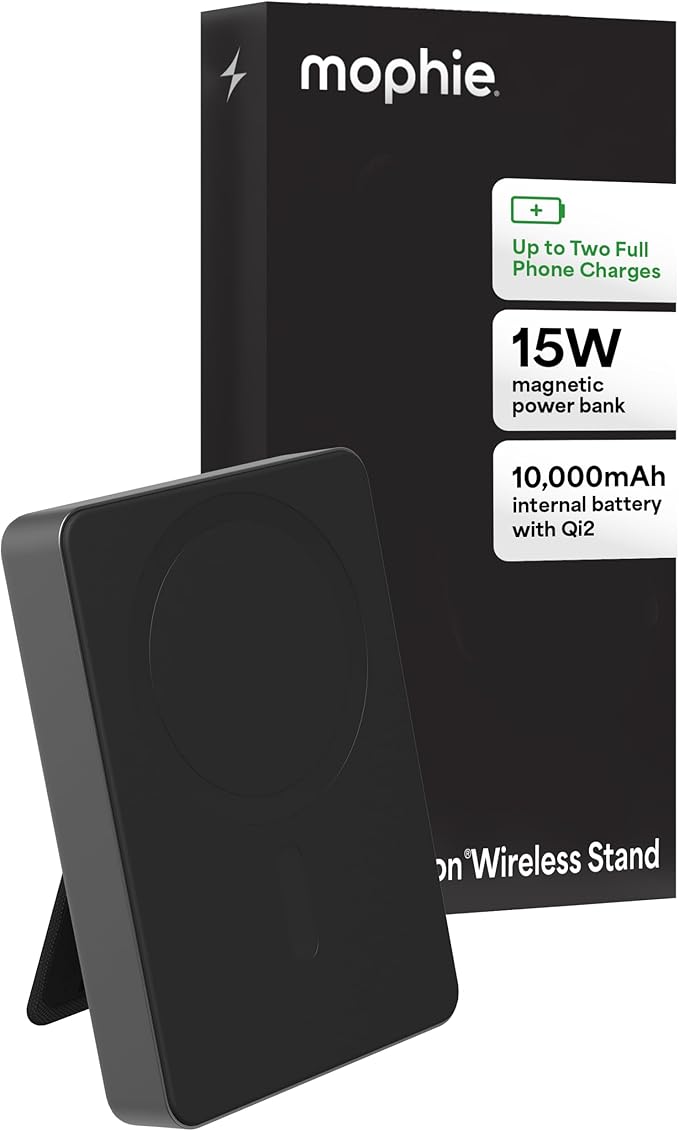 Mophie Powerstation Wireless Slim with Stand 10,000mAh Power Bank – MagSafe Compatible, 15W Qi2-Certified, 30W USB-C PD Fast Charging, Slim Battery Pack for iPhone, Android, Travel & Airplane Use