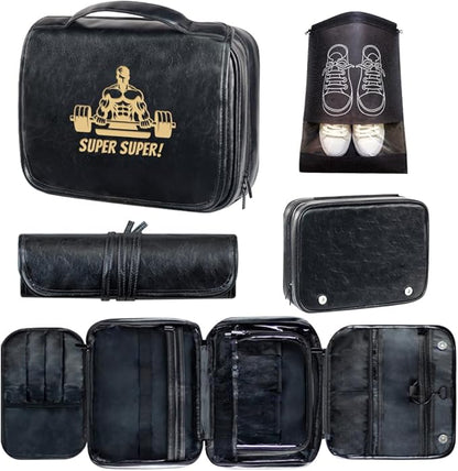 HDSD Custom 3-in-1 PU Leather Toiletry Bag For Men Personalized Hanging Travel Organizer Bag for Father Husband Boyfriend (Black)