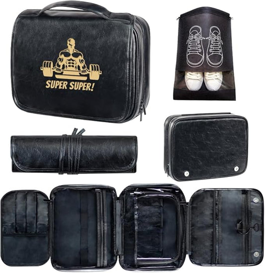 HDSD Custom 3-in-1 PU Leather Toiletry Bag For Men Personalized Hanging Travel Organizer Bag for Father Husband Boyfriend (Black)
