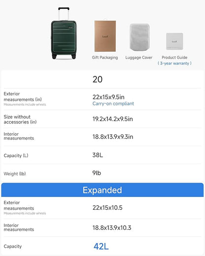 Carry On Luggage 22x14x9 Airline Approved, FLO5 Expandable Polycarbonate Suitcase with Front Pocket (FX-Core, Green, 20 Inch)