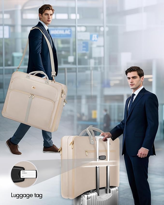 MATEIN Garment Bags for Travel for Women, Large Garment Bags for Hanging Clothes Up to 7 Suits, Business Convertible Travel Suit Carrier with Strap, Foldable Suitcase Luggage Fit 17.3" laptop, Beige