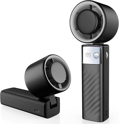 Portable Handheld Turbo Fan - Foldable Mini Fan with Air Turbo Tech, 1-199 Speed Adjustment, 20H Runtime, LED Display, Battery-Powered for Indoor/Outdoor Use, Dark Black