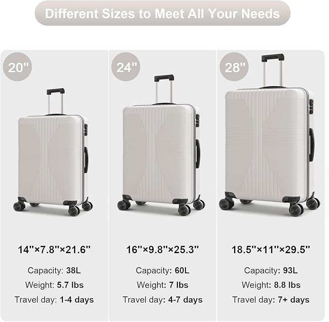 Karl home 24" Check-in Luggage, PP Hardside Checked Medium Suitcase with Wheels, Waterproof Durable Rolling Luggage with Built-in Lock for Travel Business, White