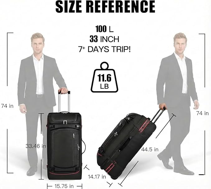 100L Extra Large Rolling Duffel Bag with Wheels and Handle – 33" Heavy-Duty 1600D PVC Checked Luggage for Business Travel and Men’s Week-Long Trips, Foldable Base Design