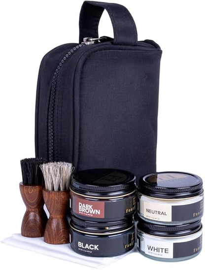 FootFitter Premium Shoe Cream Polish Kit, Creams, Shine Cloths, Applicators & Travel Bag for Leather Shoe Care & Touch-Ups