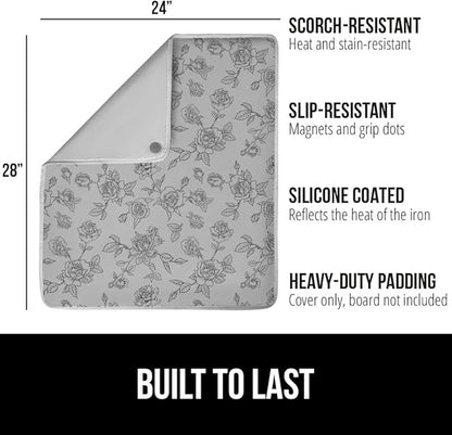 GORILLA GRIP Ironing Mat, Portable Iron Pad, Magnetic Cover for Top of Laundry Washer, Dryer, Table Top, Countertop Blanket, Silicone Coating and Scorch Resistant, Travel Size 28x24, Gray Floral