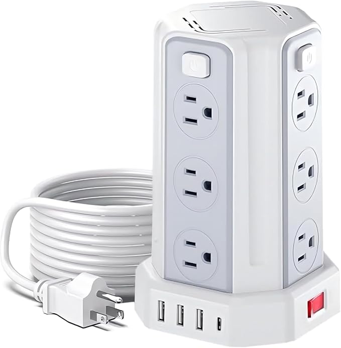 Power Strip Surge Protector, 10 Ft Extension Cord with 12 AC Multiple Outlets 4 USB (1 USB C), SMALLRT Power Tower Desktop Charging Station (White, 6.5 FT)