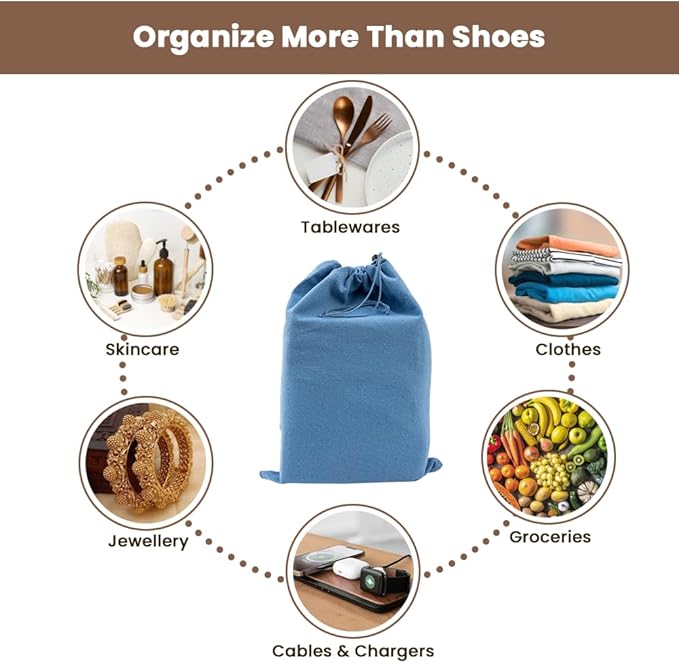 LFH Cotton Rich Shoe Storage Bags with Drawstring, Dustproof Breathable Reusable Organizer, Perfect For Travel, Dorm, Hotel, College, Gym, Easy to Carry, Machine Washable 8"x17" (Pack of 6) - Sky Blue