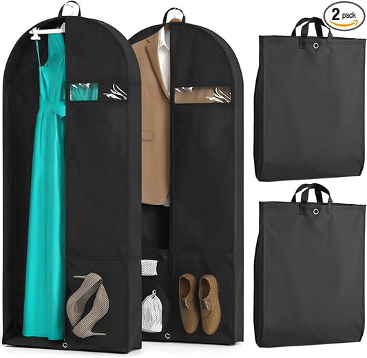 2 Pack Heavy Duty Garment Bags for Travel Suit Bags, Dress Bags, Garment Bags for Hanging Clothes with Pockets Men's Suit Holder for Cospaly, Shirts, Coats, Dresses (Black, 2Pack 43")