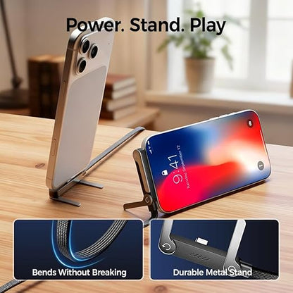 2 in 1 Invisible Holder Charger Cable 240W Fast Charging Cord with Built-In Phone Stand, 4.9FT 2 in 1 Braided Fast Charge Cable with Adjustable Phone Stand, T-Shaped Design Type-C for Phones (2)