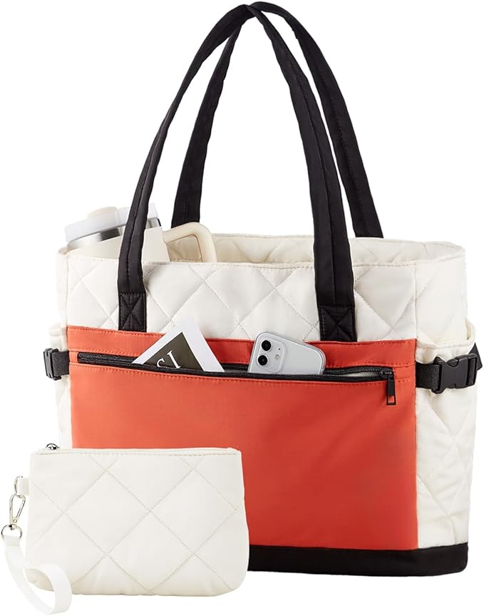 Puffer Tote Bag for Women, Work Bag with Cup Holder, Teacher Bag with Compartments, Quilted Tote Bag with Zipper for Travel
