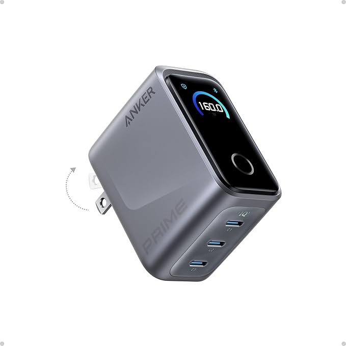 Anker Prime Charger, 160W 3-Port Compact USB C GaN Charger Block, Smart Display and Touch Control, 140W Max Charging via Any Single Port, for MacBook, Laptop, iPhone 17/16/15 Series, iPad(Non-Battery)