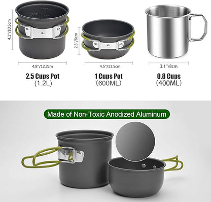 Odoland 8pcs Camping Cookware Mess Kit, Camping Pot and Pan Set with Mini Backpacking Stove, Stainless Steel Cup, Spork and Tank Bracket, Cooking Gear for Outdoor, Hiking, Picnic, Campfire