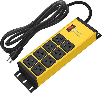 CCCEI Yellow Heavy Duty Power Strip Surge Protector 20 AMP, 8 Outlets 12 Gauge Industrial Shop Garage Metal Multiple Outlets, 6 FT Extension Cord 5-15P Adapter High Amp 6-20R T-Slot 20a for Appliance