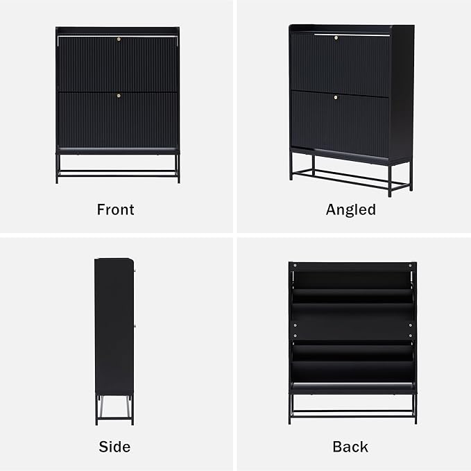 RARZOE Fluted Shoe Cabinet for Entryway with 2 Flip Drawers, Narrow Wood Shoe Cabinet with Fluted Panel, Slim Hidden Shoe Organizer Closed Shoe Rack with Metal Legs for Foyer,Hallway(31.5''Black)