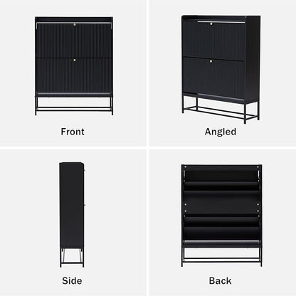 RARZOE Set of 2 Fluted Shoe Cabinets for Entryway with 2 Flip Drawers, Narrow Wood Shoe Cabinet with Fluted Panel, Freestanding Hidden Shoe Rack with Metal Legs for Foyer,Hallway(31.5''Black)