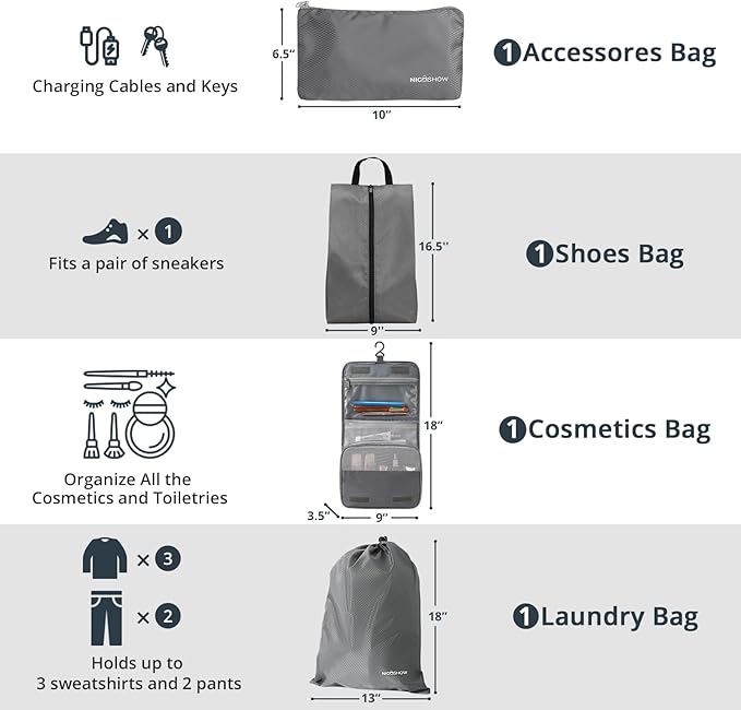 Compression Packing Cubes 10 Set, Compressible Space-Saving Packing Cubes for Travel - Compression Bags, Luggage Organizer, Travel Essentials for Women, Grey