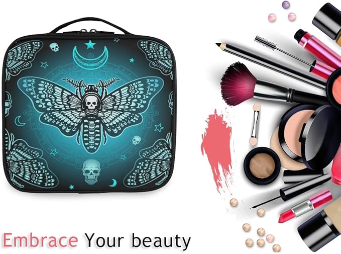 MNSRUU Travel Makeup Bag, Butterfly Skull Makeup Bag Organizer Goth Cosmetic Bag for Women Travel Toiletry Bag with Adjustable Dividers
