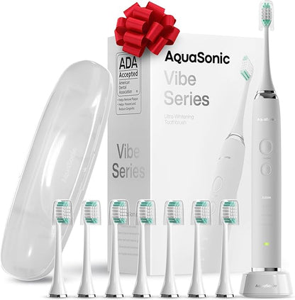 Aquasonic Vibe Series Ultra-Whitening Toothbrush – ADA Accepted Electric Toothbrush - 8 Brush Heads & Travel Case – 40,000 VPM Motor & Wireless Charging - 4 Modes w Smart Timer – Optic White